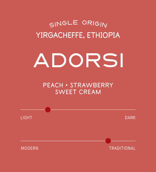Verve Coffee Roasters - Adorsi - Single Origin - Yirgacheffe, Ethiopia - Process: Washed - Variety: Ethiopian Heirloom - Tasting Notes: Peach, Strawberry, Sweet Cream - Sweetly Layered - East Africa - Direct Trade - Seasonal - Whole Bean Coffee