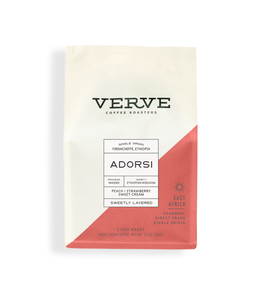 Verve Coffee Roasters - Adorsi - Single Origin - Yirgacheffe, Ethiopia - Process: Washed - Variety: Ethiopian Heirloom - Tasting Notes: Peach, Strawberry, Sweet Cream - Sweetly Layered - East Africa - Direct Trade - Seasonal - Whole Bean Coffee