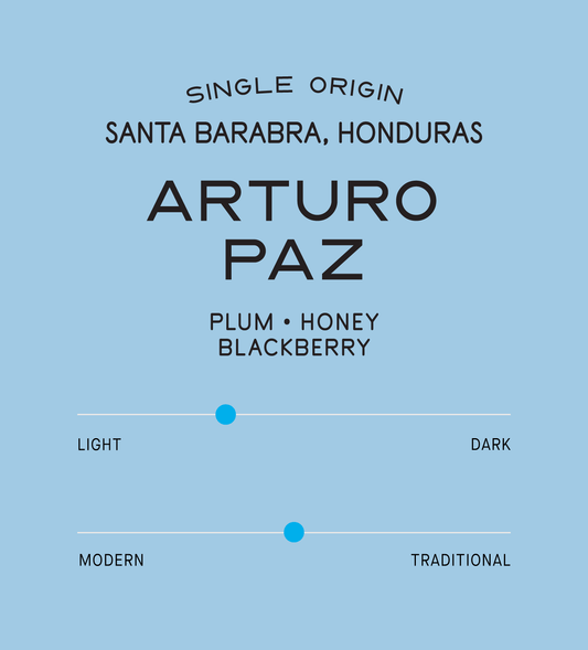 Verve Coffee Roasters - Arturo Paz - Single Origin - Santa Barbara, Honduras - Process: Washed - Variety: Pacamara - Tasting Notes: Plum, Honey, Blackberry - Honeyed Balance - Latin America - Direct Trade - Seasonal - Whole Bean Coffee