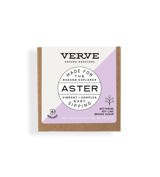 Verve Coffee Roasters - Aster - Made for the modern explorer - Vibrant + Complex - Easy sipping - Notes: Nectarine, Key Lime, Brown Sugar - Craft Instant Coffee - 6 Servings