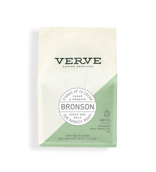 Verve Coffee Roasters - Bronson - Stands Up To Cream - Sugar & Mondays - Dense and Bold - Our Darkest Roast - Dark Roast Blend - Notes: Molasses, Dark Chocolate, Fig