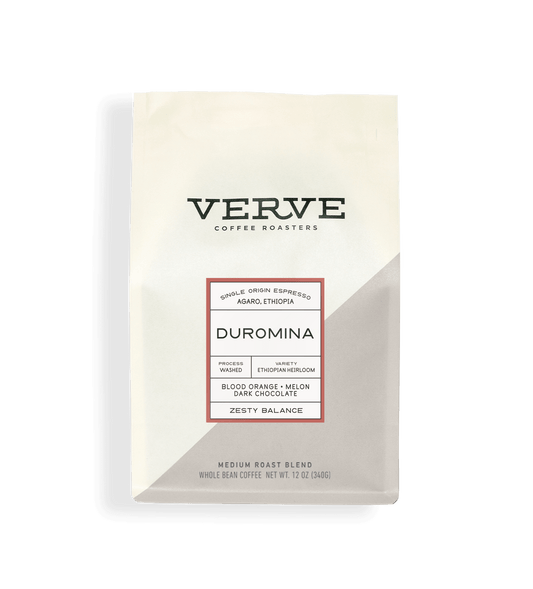 Verve Coffee Roasters - Duromina - Single Origin Espresso - Agaro, Ethiopia - Process: Washed - Variety: Ethiopian Heirloom - Tasting Notes: Blood Orange, Melon, Dark Chocolate - Zesty Balance - Light Roast