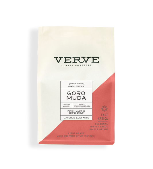 Verve Coffee Roasters - Goro Muda - Single Origin - Uraga, Ethiopia - Process: Washed - Variety: Ethiopian Heirloom - Tasting Notes: Peach, Jasmine, Simple Syrup - Layered Elegance - East Africa - Direct Trade - Seasonal - Whole Bean Coffee