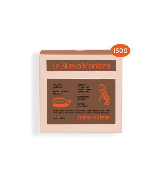 Verve Coffee Roasters - La Nueva Montana Natural Farmlevel Reserve - 150g - Fraijanes, Guatemala - Antonio & Isabel Gonzales - Tasting Notes: Yellow Plum, Rainier Cherry, Orange Wine - Maracaturra Cultivar - Natural Processing - Antonio grows and harvests the coffee, Isabel processes the coffee after harvest, the unique outcome is a natural wine-like experience - 150g (5.29oz) - Verve Coffee