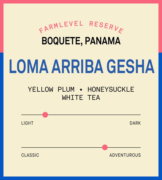 Verve Coffee Roasters - Lamastus Washed Loma Arriba Green Tip Gesha Farmlevel Reserve - Flavor Profile - Farmlevel Reserve - Boquete, Panama - Loma Arriba Gesha - Tasting Notes: Yellow Plum, Honeysuckle, White Tea - Light + Adventurous