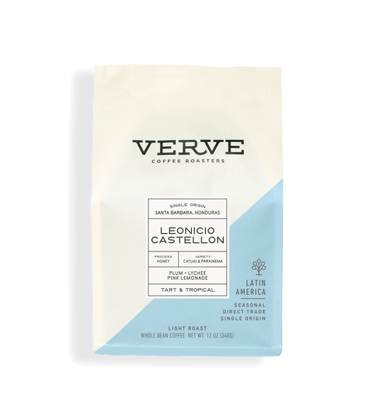 Verve Coffee Roasters - Leonicio Castellon - Single Origin - Santa Barbara, Honduras - Process: Honey - Variety: Catuai & Parainema - Tasting Notes: Plum, Lychee, Pink Lemonade - Tart & Tropical - Latin America - Seasonal - Direct Trade