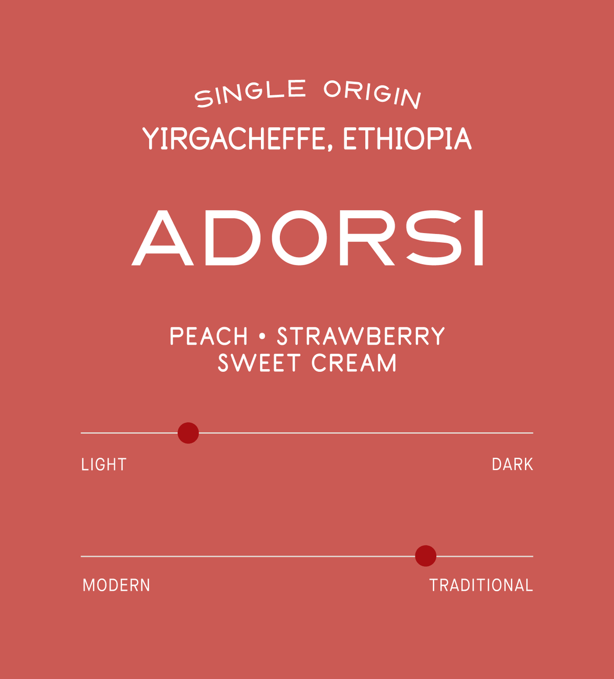 Verve Coffee Roasters - Adorsi - Single Origin - Yirgacheffe, Ethiopia - Process: Washed - Variety: Ethiopian Heirloom - Tasting Notes: Peach, Strawberry, Sweet Cream - Sweetly Layered - East Africa - Direct Trade - Seasonal - Whole Bean Coffee