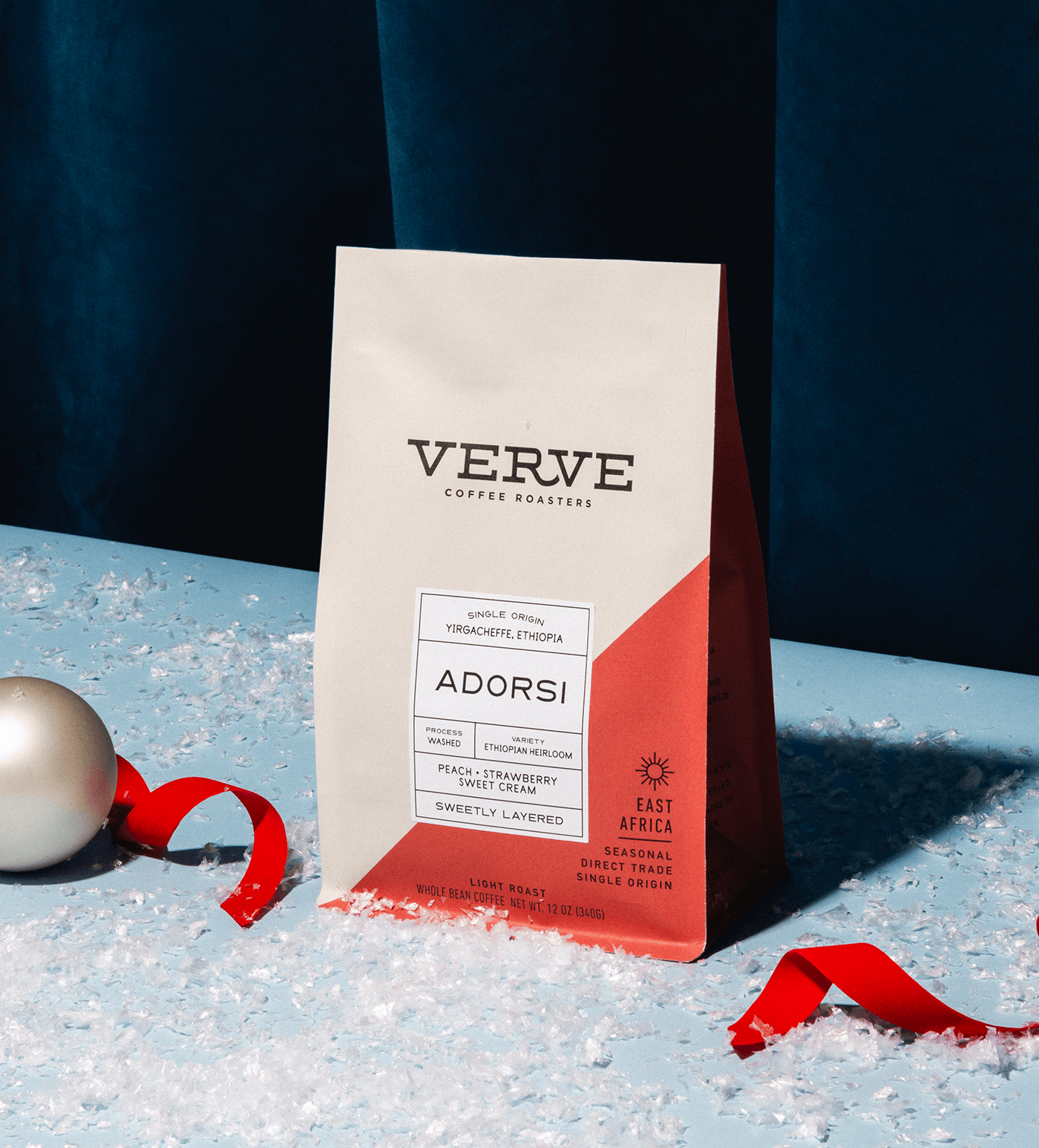 Verve Coffee Roasters - Adorsi - Single Origin - Yirgacheffe, Ethiopia - Process: Washed - Variety: Ethiopian Heirloom - Tasting Notes: Peach, Strawberry, Sweet Cream - Sweetly Layered - East Africa - Direct Trade - Seasonal - Whole Bean Coffee