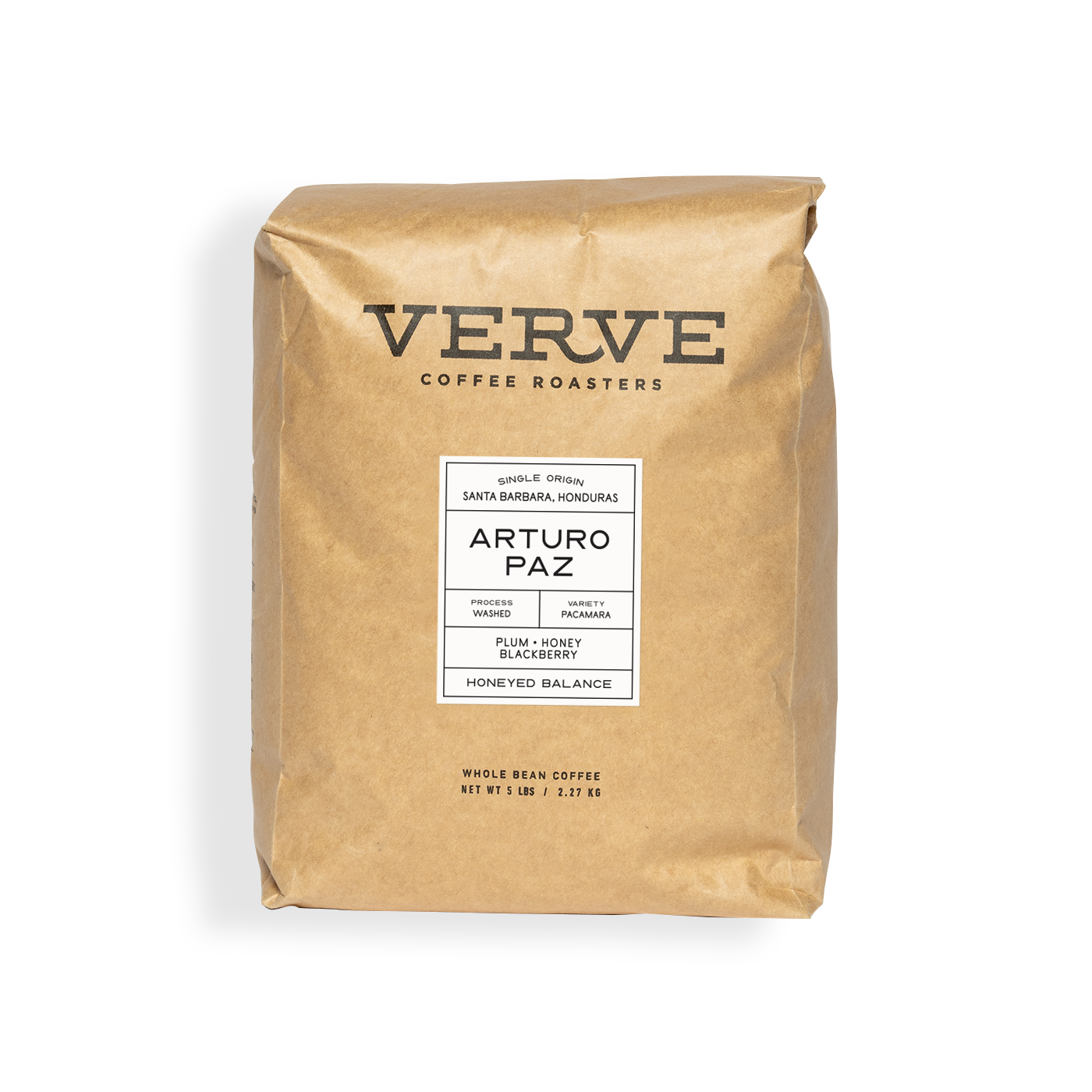 Verve Coffee Roasters - Arturo Paz - Single Origin - Santa Barbara, Honduras  - Process: Washed - Variety: Pacamara - Tasting Notes: Plum, Honey, Blackberry - Honeyed Balance - Whole Bean Coffee - 5 lbs / 2.27 kg