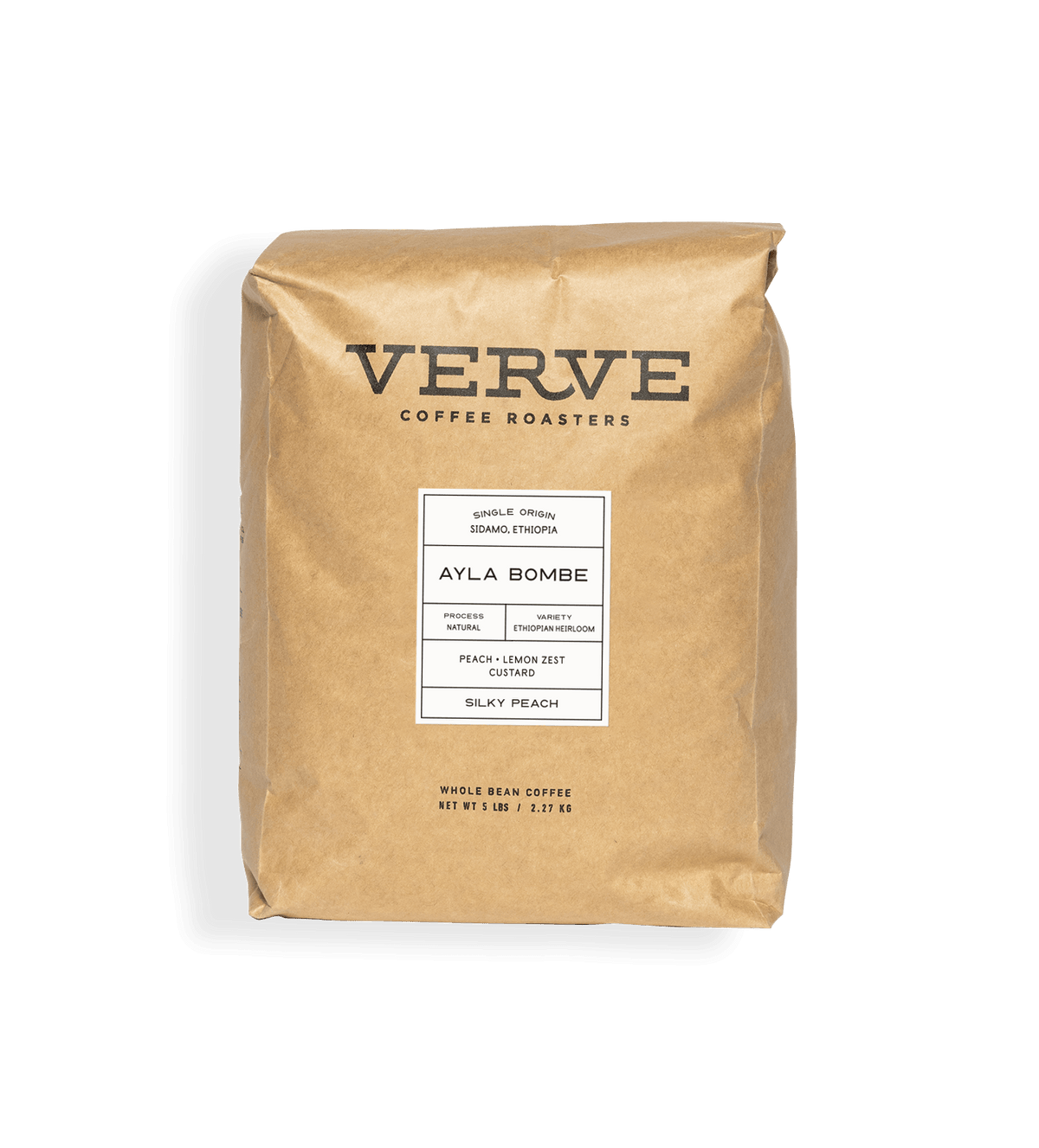 Verve Coffee Roasters - Ayla Bombe - 5lb - Single Origin - Sidamo, Ethiopia - Process: Natural - Variety: Ethiopian Heirloom - Tasting Notes: Peach, Lemon Zest, Custard - Silky Peach - Whole Bean Coffee - 5 lbs / 2.27 kg