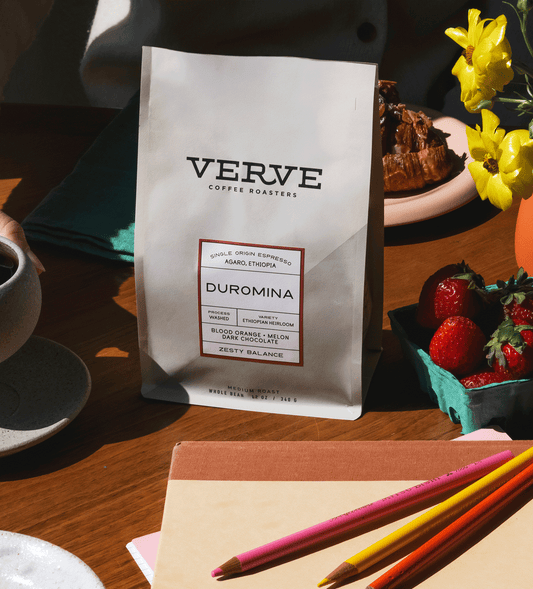 Verve Coffee Roasters - Duromina - Single Origin Espresso - Agaro, Ethiopia - Process: Washed - Variety: Ethiopian Heirloom - Tasting Notes: Blood Orange, Melon, Dark Chocolate - Zesty Balance - Light Roast