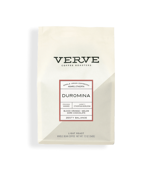 Verve Coffee Roasters - Duromina - Single Origin Espresso - Agaro, Ethiopia - Process: Washed - Variety: Ethiopian Heirloom - Tasting Notes: Blood Orange, Melon, Dark Chocolate - Zesty Balance - Light Roast