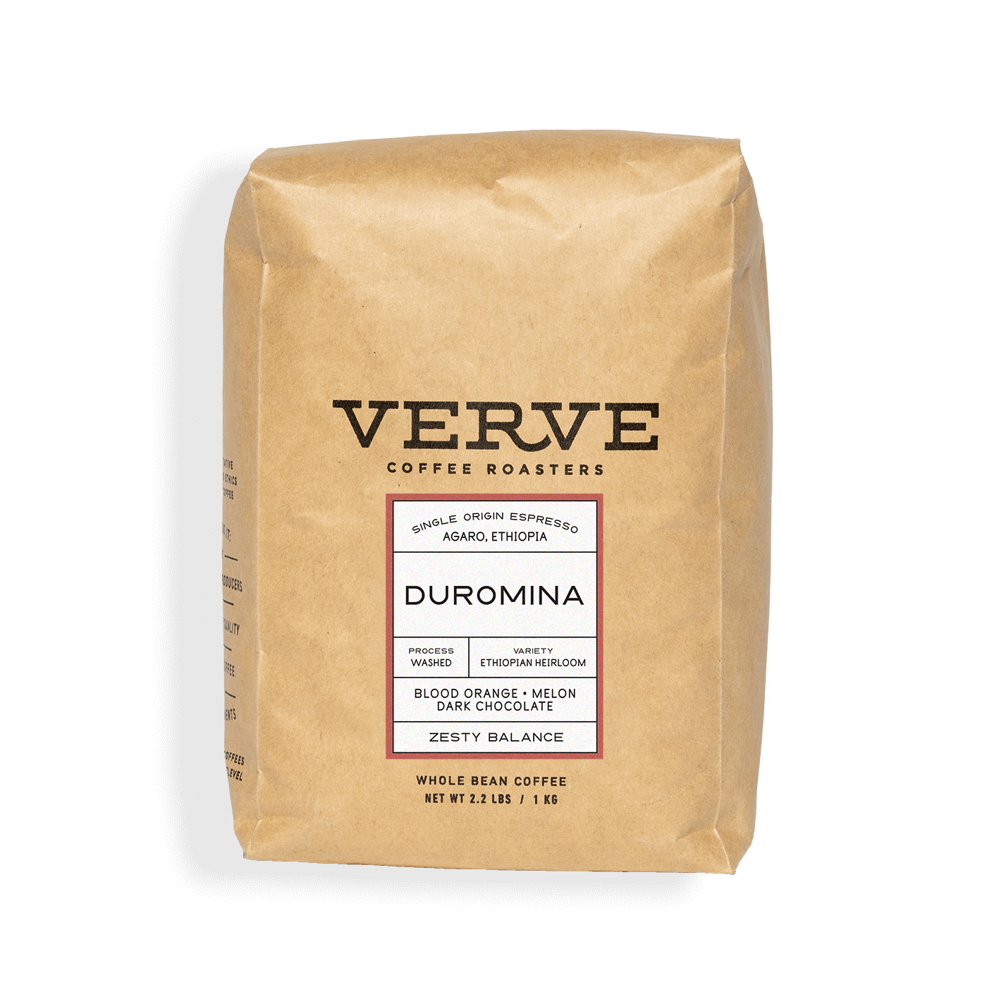 Verve Coffee Roasters - Duromina - Single Origin Espresso - Agaro, Ethiopia - Process: Washed - Variety: Ethiopian Heirloom - Tasting Notes: Blood Orange, Melon, Dark Chocolate - Zesty Balance - Whole Bean Coffee - 2.2 lbs / 1 kg