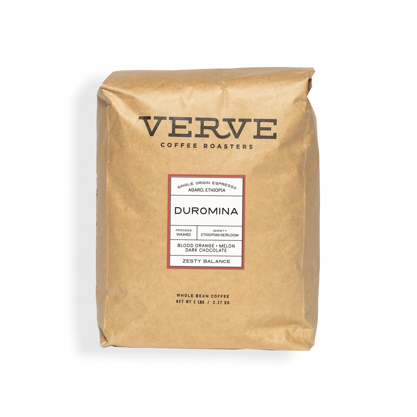 Verve Coffee Roasters - Duromina - Single Origin Espresso - Agaro, Ethiopia - Process: Washed - Variety: Ethiopian Heirloom - Tasting Notes: Blood Orange, Melon, Dark Chocolate - Zesty Balance - Whole Bean Coffee - 5 lbs / 2.27 kg