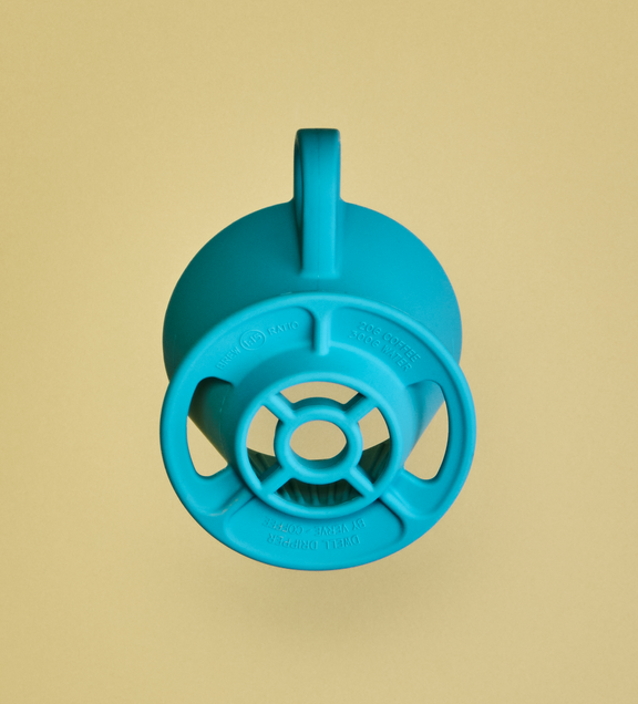 a blue plastic object with a round handle