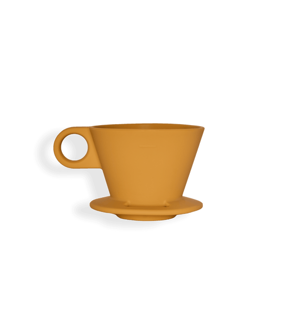 a yellow coffee cup with a handle