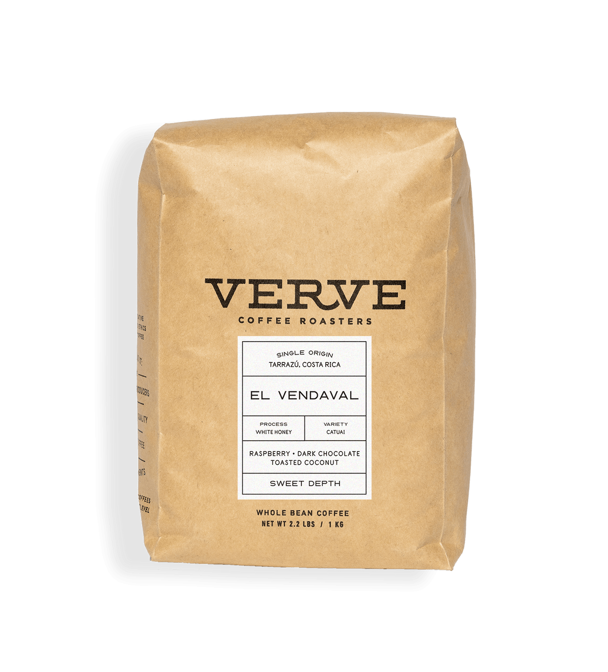 Verve Coffee Roasters - El Vendaval - 1kg - Single Origin - Tarrazu, Costa Rica - Process: White Honey - Variety: Catuai - Tasting Notes: Raspberry, Dark Chocolate, Toasted Coconut - Sweet Depth - Whole Bean Coffee - 2.2 lbs / 1 kg
