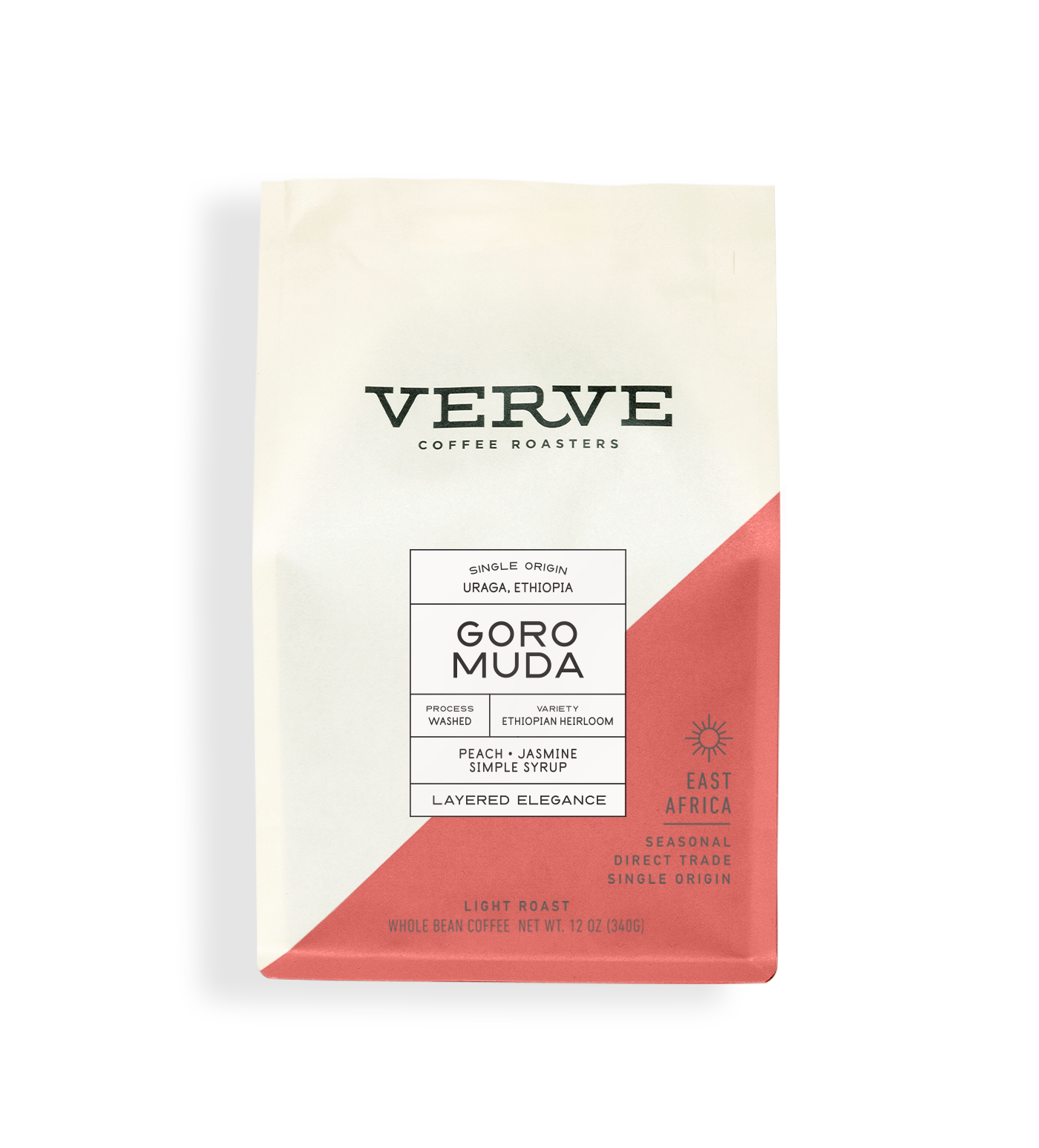 Verve Coffee Roasters - Goro Muda - Single Origin - Uraga, Ethiopia - Process: Washed - Variety: Ethiopian Heirloom - Tasting Notes: Peach, Jasmine, Simple Syrup - Layered Elegance - East Africa - Direct Trade - Seasonal - Whole Bean Coffee
