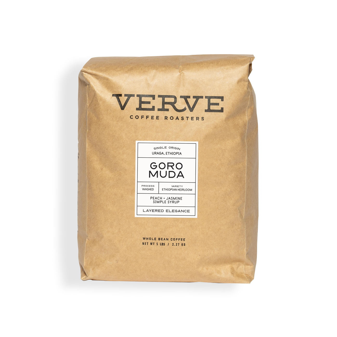 Verve Coffee Roasters - Goro Muda - Single Origin - Uraga, Ethiopia - Process: Washed - Variety: Ethiopian Heirloom - Tasting Notes: Peach, Jasmine, Simple Syrup - Layered Elegance - Whole Bean Coffee - 5 lbs / 2.27 kg