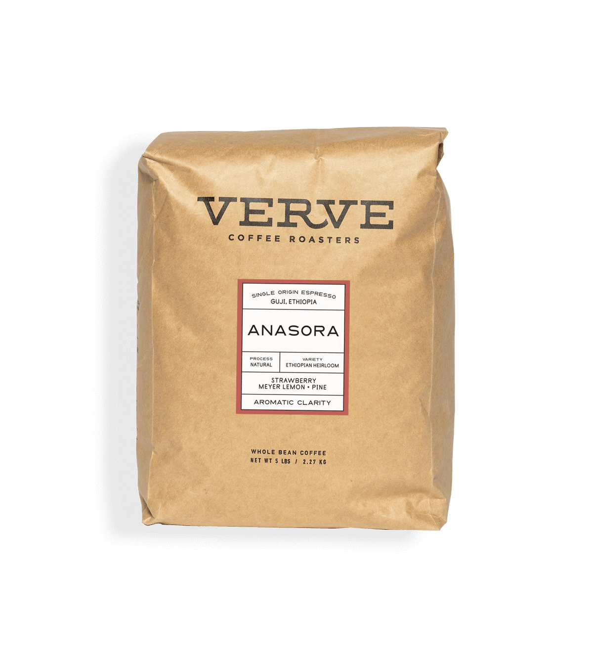 Verve Coffee Roasters - Guji Anasora Natural Espresso - 5lb - Single Origin - Guji, Ethiopia - Process: Natural - Variety: Ethiopian Heirloom - Tasting Notes: Strawberry, Meyer Lemon, Pine - Aromatic Clarity - Whole Bean Coffee - 5 lbs / 2.27 kg