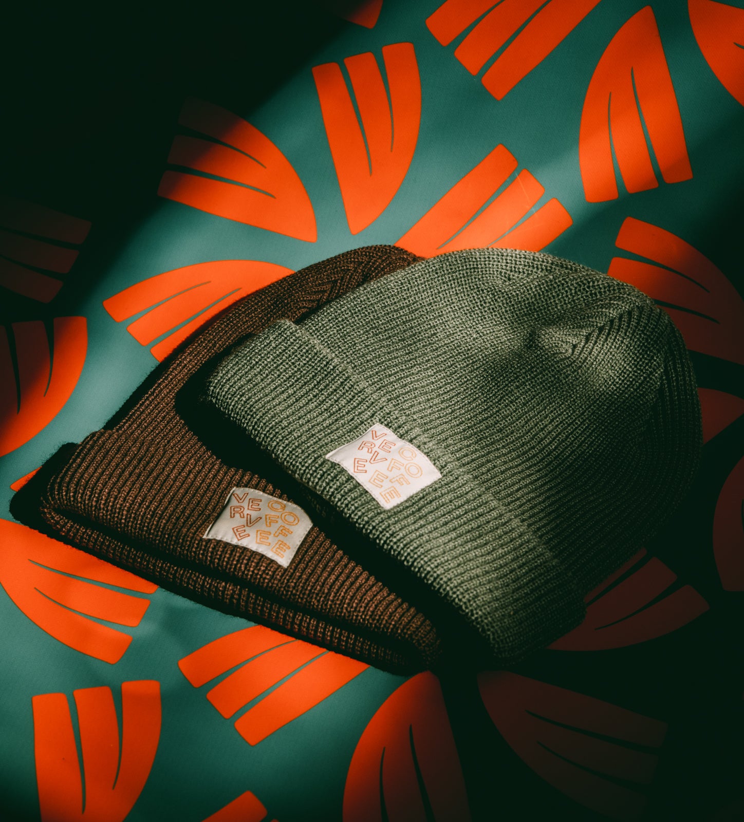 Dream Knit Beanie green & brown on holiday print background