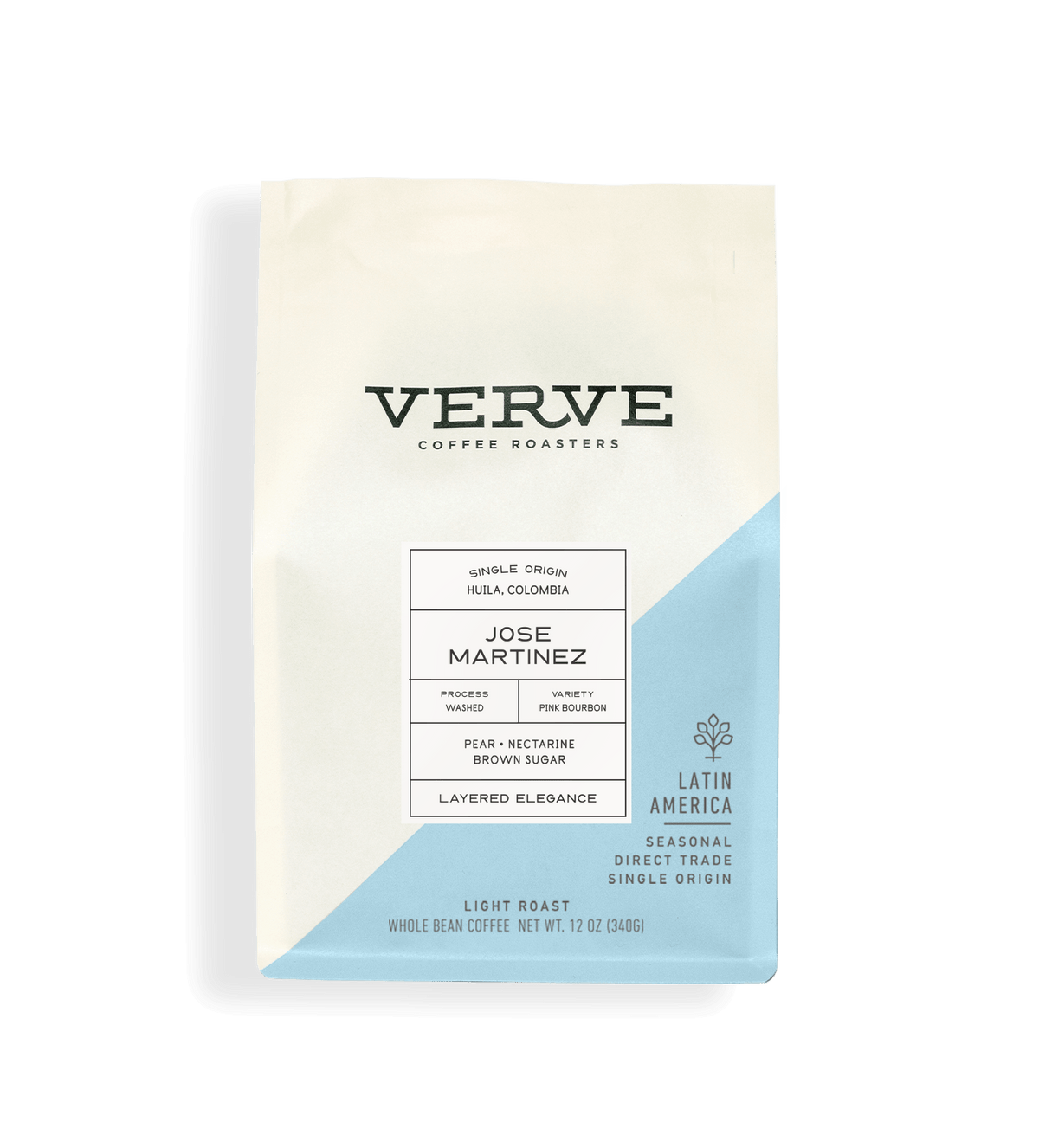 Verve Coffee Roasters - Jose Martinez - 12oz - Single Origin - Huila, Colombia - Process: Washed - Variety: Pink Bourbon - Tasting Notes: Pear, Nectarine, Brown Sugar - Layered Elegance - Latin America - Seasonal - Direct Trade - Light Roast - Whole Bean Coffee