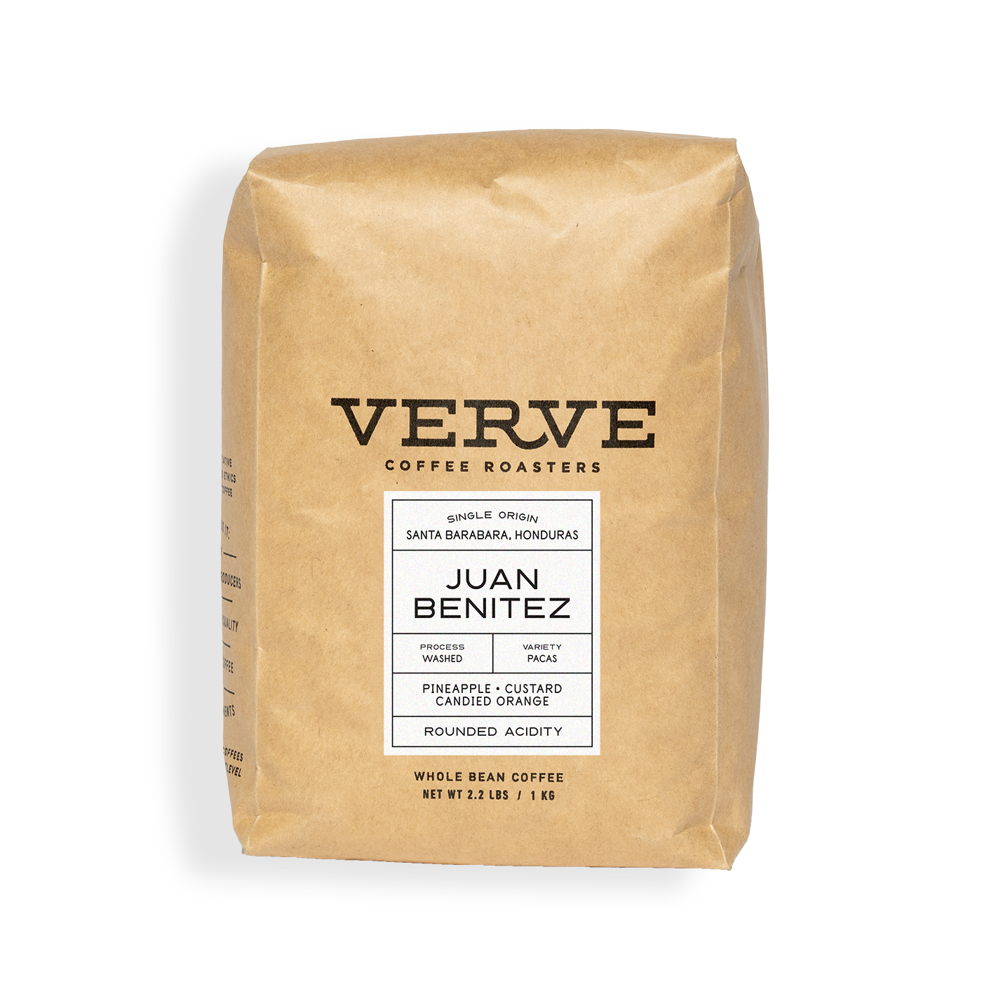 Verve Coffee Roasters - Juan Benitez - Single Origin - Santa Barbara, Honduras - Process: Washed - Variety: Pacas - Tasting Notes: Pineapple, Custard, Candied Orange - Rounded Acidity - Whole Bean Coffee - 2.2 lbs / 1 kg