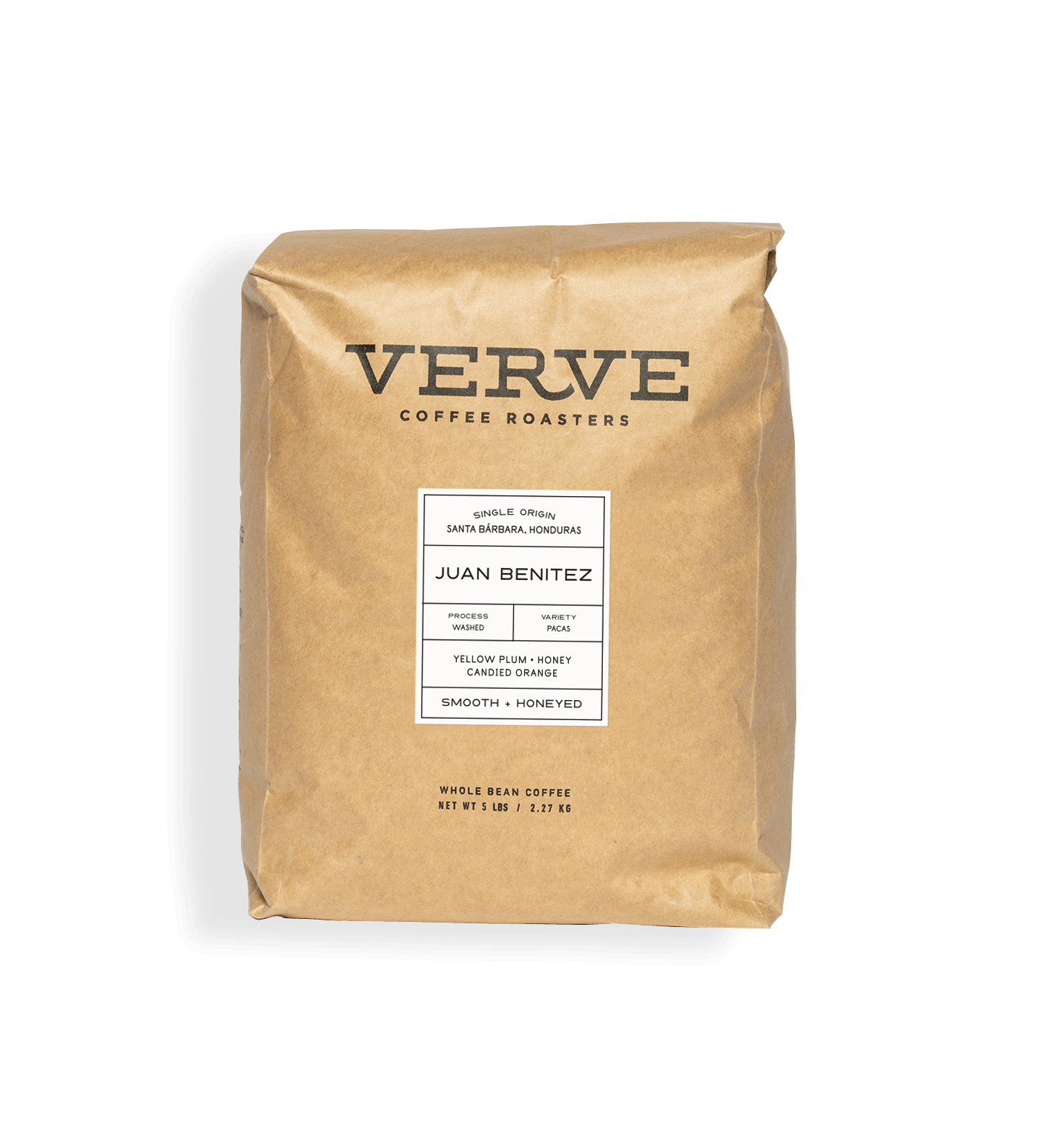 Verve Coffee Roasters - Juan Benitez - 5lb - Single Origin - Santa Barbara, Honduras - Process: Washed - Variety: Pacas - Tasting Notes: Yellow Plum, Honey, Candied Orange - Smooth & Honeyed - Whole Bean Coffee - 5 lbs / 2.27 kg