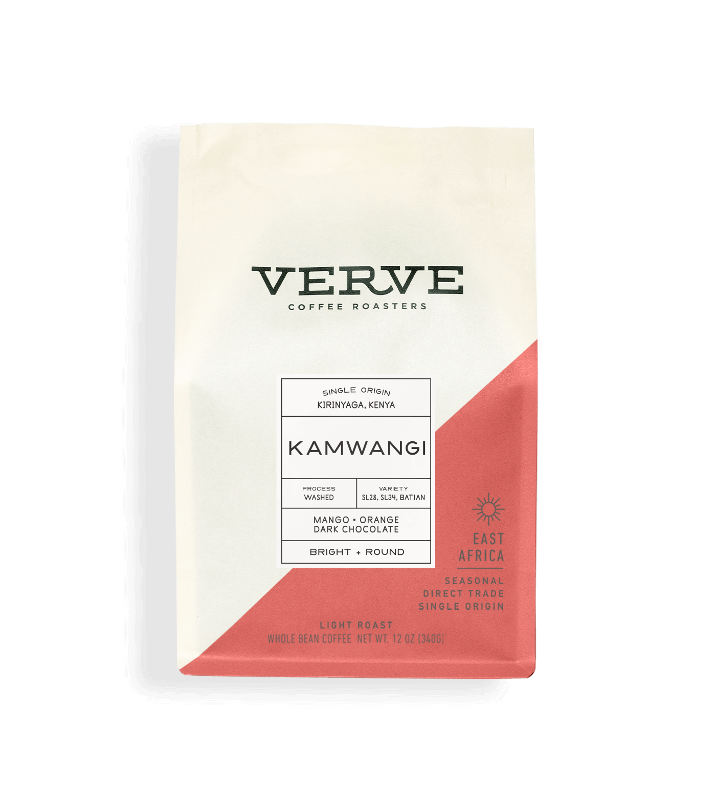 Verve Coffee Roasters - Kamwangi - Single Origin - Kirinyaga, Kenya - Process: Washed - Variety: SL28, SL34, Batian - Tasting Notes: Mango, Orange, Dark Chocolate - Bright + Round - East Africa - Seasonal - Direct Trade