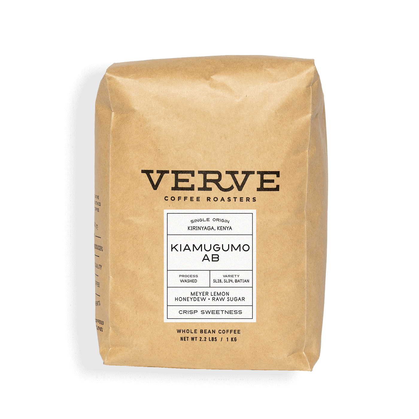 Verve Coffee Roasters - Kiamugumo AB - Single Origin - Kirinyaga, Kenya - Process: Washed - Variety: SL28, SL34, Batian - Tasting Notes: Meyer Lemon, Honeydew, Raw Sugar - Crisp Sweetness - Whole Bean Coffee - 2.2 lbs / 1 kg