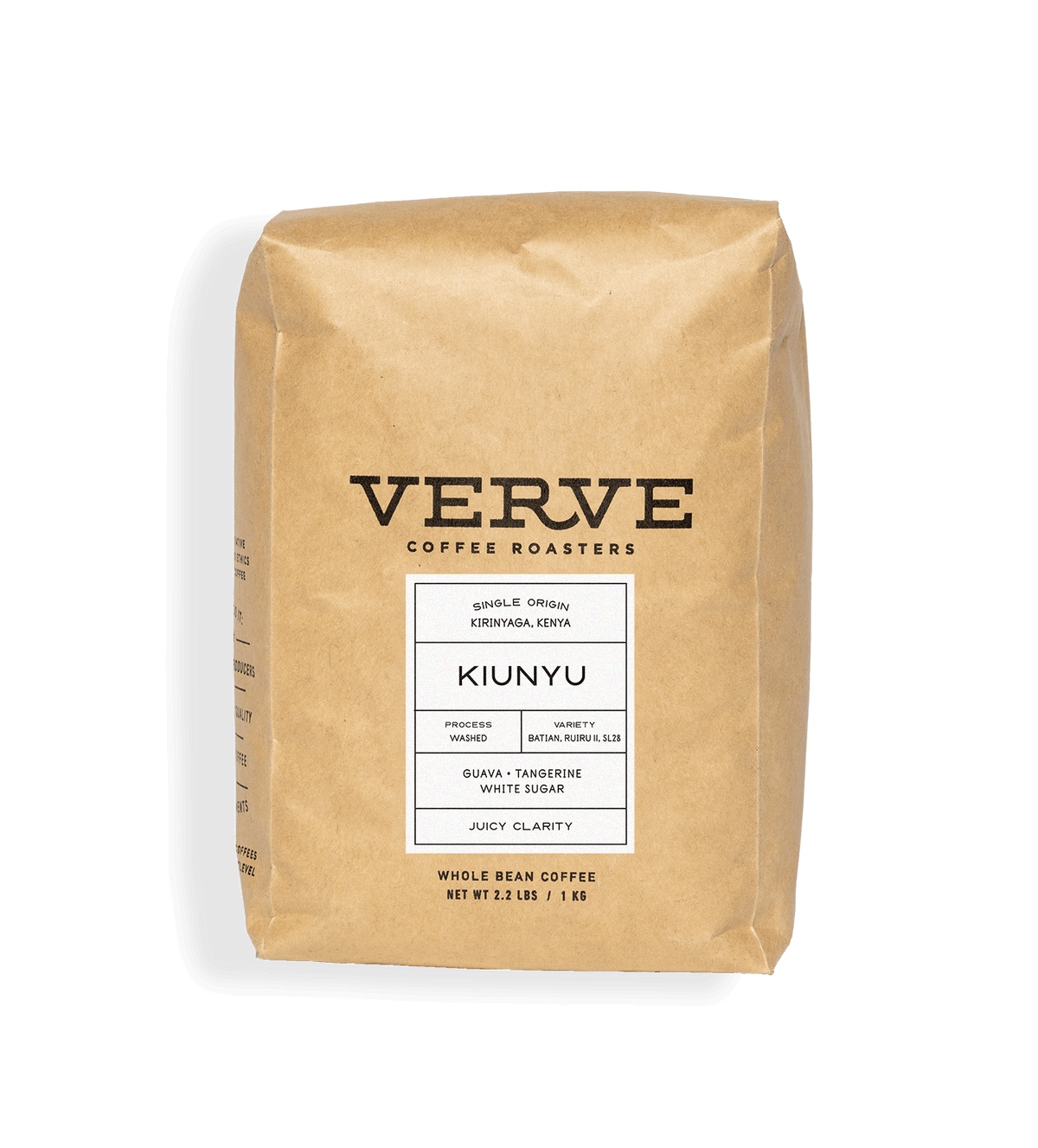 Verve Coffee Roasters - Kiunyu - 1kg - Single Origin - Kirinyaga, Kenya - Process: Washed - Variety: Batian, Ruiru, SL28 - Tasting Notes: Guava, Tangerine, White Sugar - Juicy Clarity - Whole Bean Coffee - 2.2 lbs / 1 kg