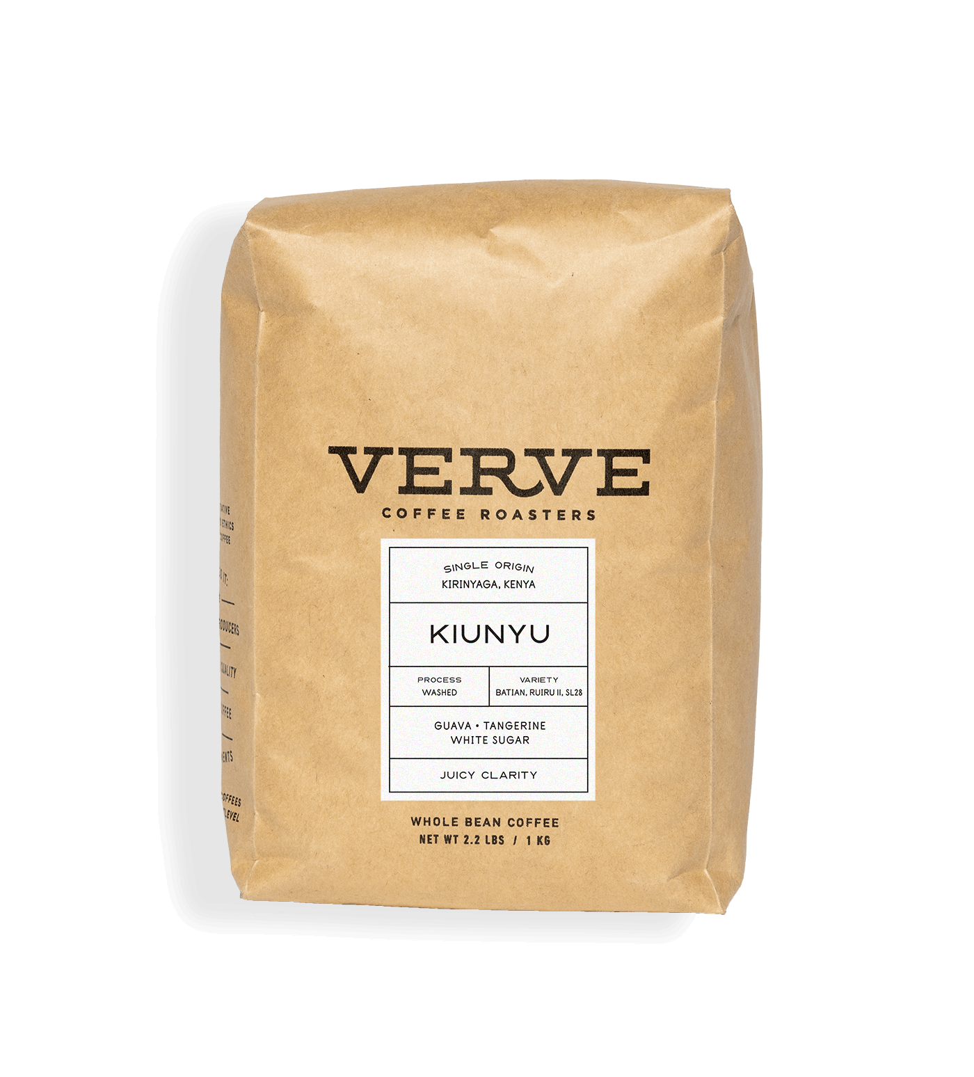 Verve Coffee Roasters - Kiunyu - 1kg - Single Origin - Kirinyaga, Kenya - Process: Washed - Variety: Batian, Ruiru, SL28 - Tasting Notes: Guava, Tangerine, White Sugar - Juicy Clarity - Whole Bean Coffee - 2.2 lbs / 1 kg