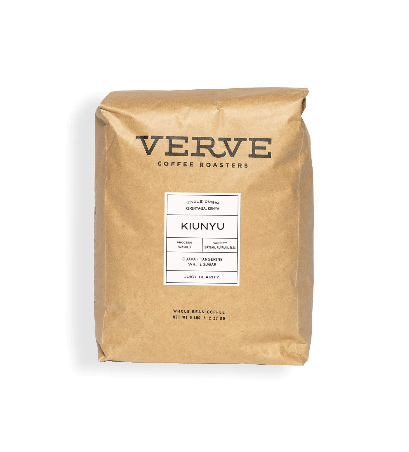 Verve Coffee Roasters - Kiunyu - 5lb - Single Origin - Kirinyaga, Kenya - Process: Washed - Variety: Batian, Ruiru, SL28 - Tasting Notes: Guava, Tangerine, White Sugar - Juicy Clarity - Whole Bean Coffee - 5 lbs / 2.27 kg