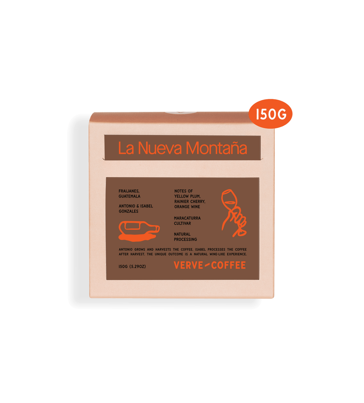 Verve Coffee Roasters - La Nueva Montana Natural Farmlevel Reserve - 150g - Fraijanes, Guatemala - Antonio & Isabel Gonzales - Tasting Notes: Yellow Plum, Rainier Cherry, Orange Wine - Maracaturra Cultivar - Natural Processing - Antonio grows and harvests the coffee, Isabel processes the coffee after harvest, the unique outcome is a natural wine-like experience - 150g (5.29oz) - Verve Coffee