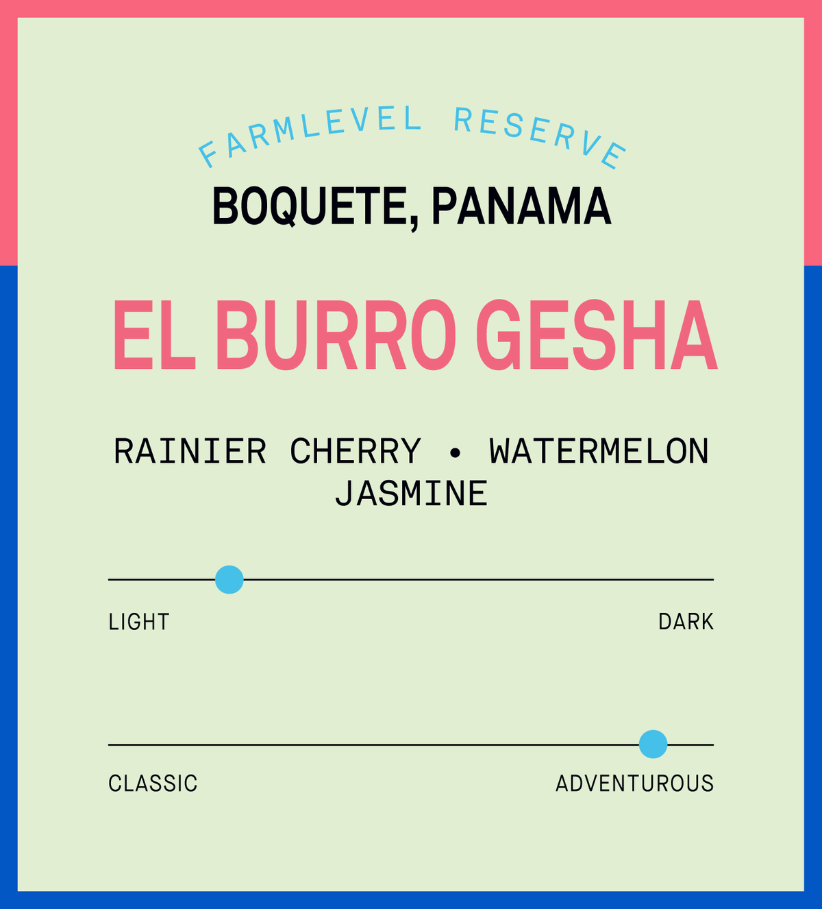 Verve Coffee Roasters - Lamastus Natural El Burro Green Tip Gesha Farmlevel Reserve - Flavor Profile - Farmlevel Reserve - Boquete, Panama - El Burro Gesha - Tasting Notes: Rainier Cherry, Watermelon, Jasmine - Light + Adventurous