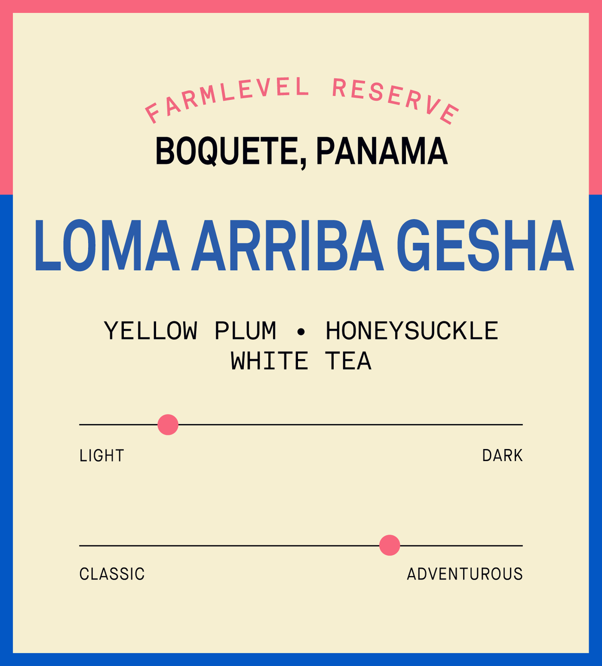 Verve Coffee Roasters - Lamastus Washed Loma Arriba Green Tip Gesha Farmlevel Reserve - Flavor Profile - Farmlevel Reserve - Boquete, Panama - Loma Arriba Gesha - Tasting Notes: Yellow Plum, Honeysuckle, White Tea - Light + Adventurous