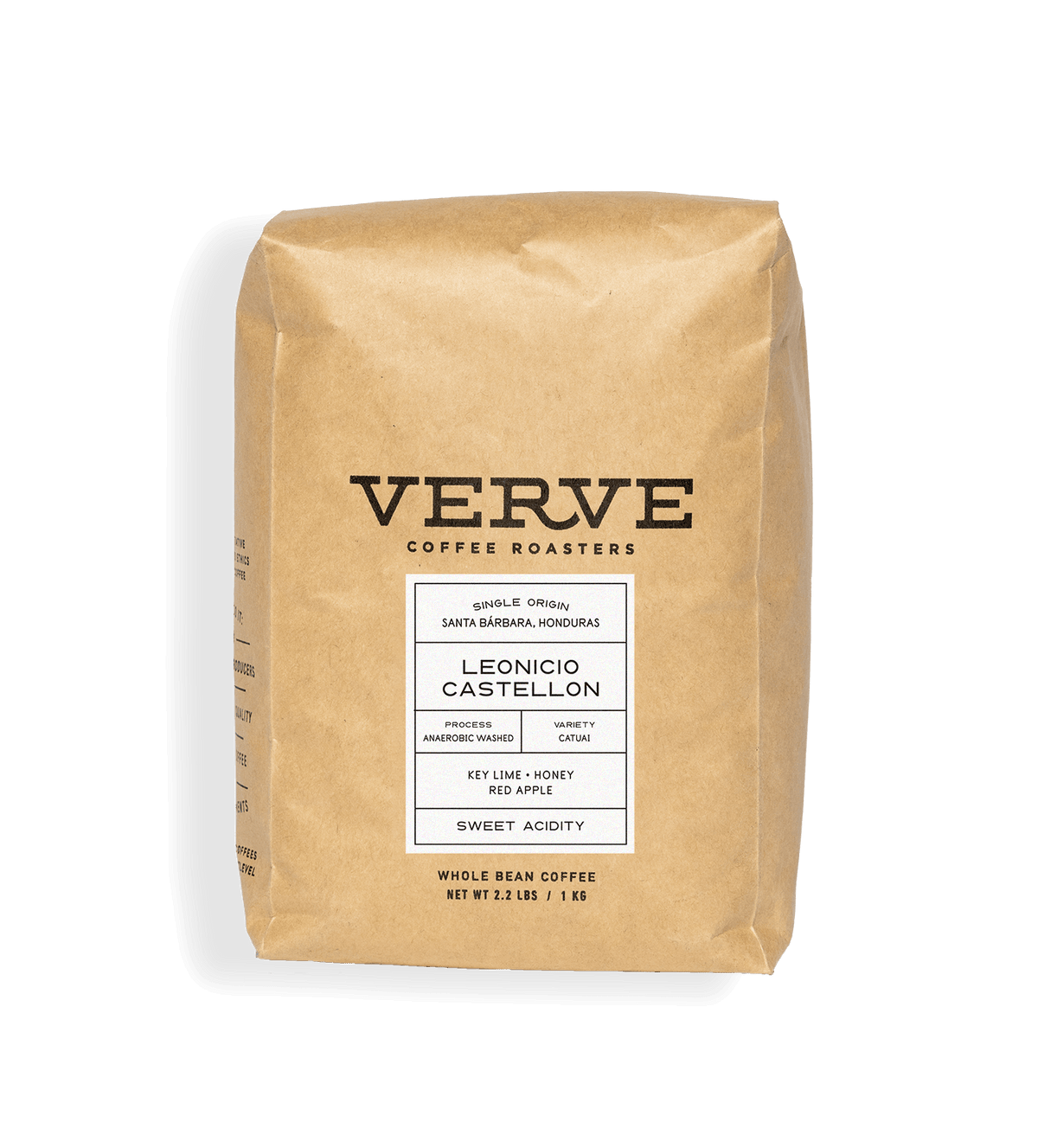 Verve Coffee Roasters - Leonicio Castellon - 1kg - Single Origin - Santa Barbara, Honduras - Process: Anaerobic Washed - Variety: Cataui - Tasting Notes: Key Lime, Honey, Red Apple - Sweet Acidity - Whole Bean Coffee - 2.2 lbs / 1 kg