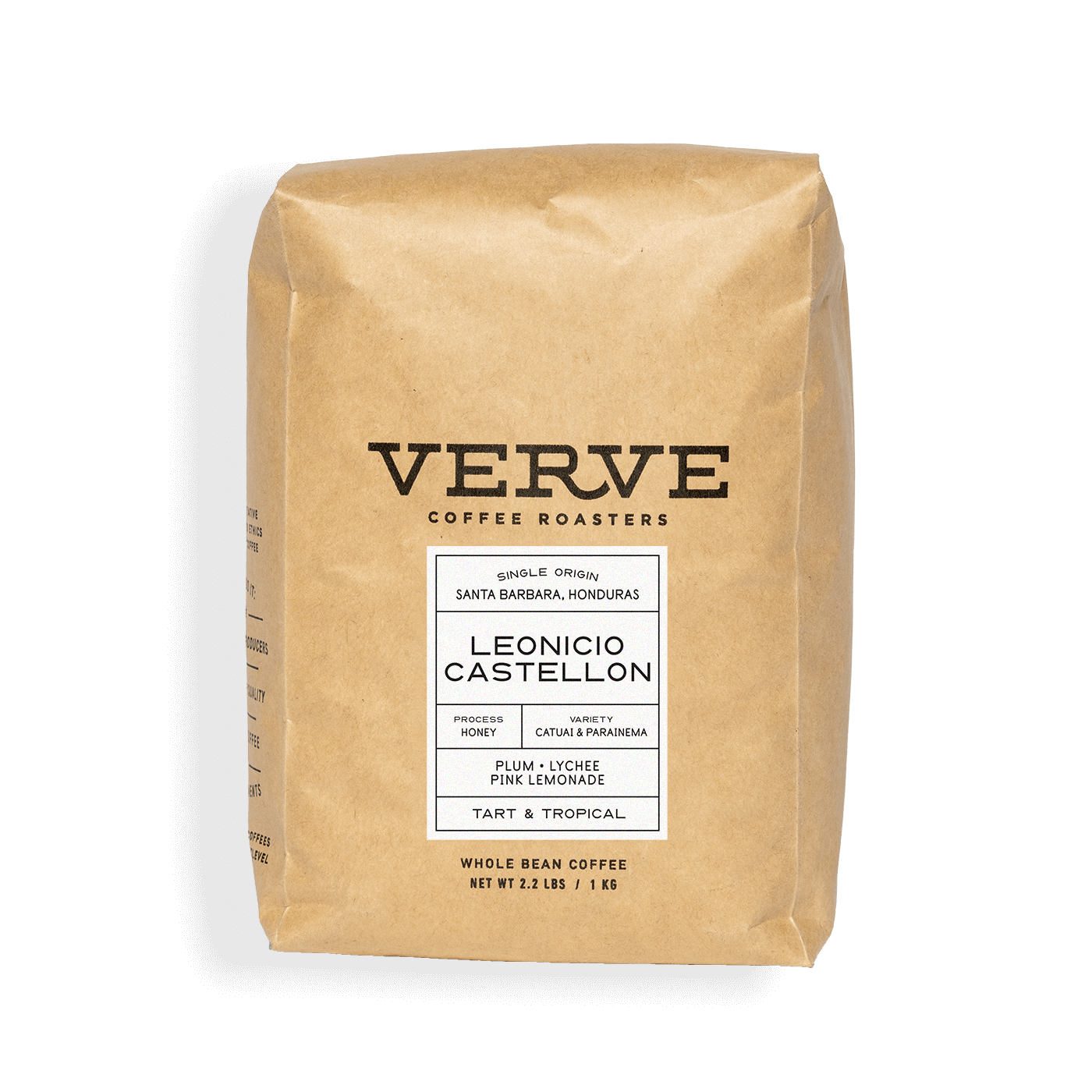 Verve Coffee Roasters - Leonicio Castellon - Single Origin - Santa Barbara, Honduras - Process: Honey - Variety: Catuai & Parainema - Tasting Notes: Plum, Lychee, Pink Lemonade - Tart & Tropical - Whole Bean Coffee - 2.2 lbs / 1 kg