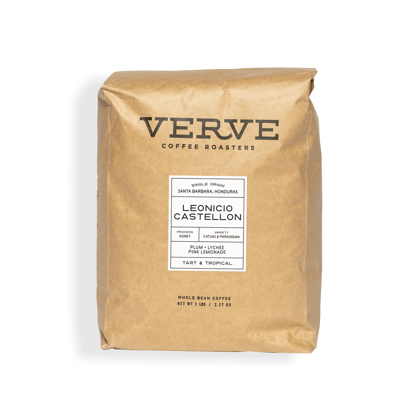 Verve Coffee Roasters - Leonicio Castellon - Single Origin - Santa Barbara, Honduras - Process: Honey - Variety: Catuai & Parainema - Tasting Notes: Plum, Lychee, Pink Lemonade - Tart & Tropical - Whole Bean Coffee - 5 lbs / 2.27 kg