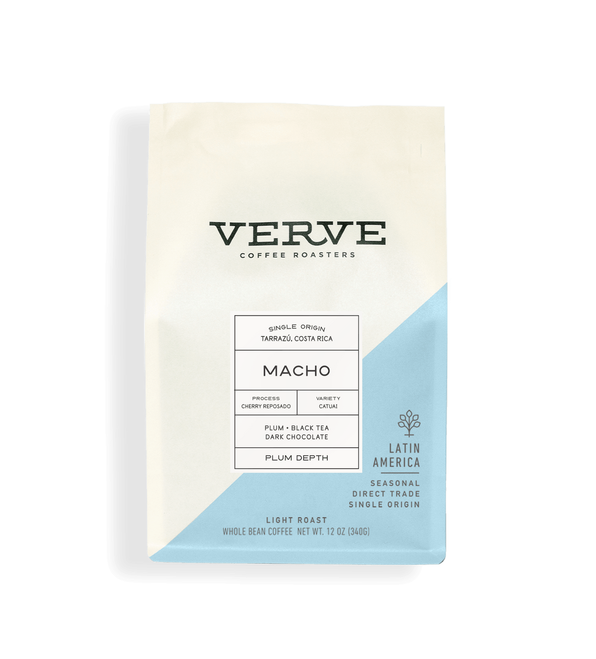 Verve Coffee Roasters - Macho - 12oz - Single Origin - Tarrazu, Costa Rica - Process: Cherry Reposado - Variety: Catuai - Tasting Notes: Plum, Black Tea, Dark Chocolate - Plum Depth - Latin America - Seasonal - Direct Trade - Light Roast - Whole Bean Coffee