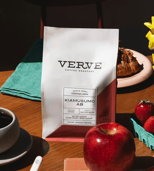 Verve Coffee Roasters - Kiamugumo AB - Single Origin - Kirinyaga, Kenya - Process: Washed - Variety: SL28, SL34, Batian - Tasting Notes: Meyer Lemon, Honeydew, Raw Sugar - Crisp Sweetness - East Africa - Seasonal - Direct Trade - Light Roast