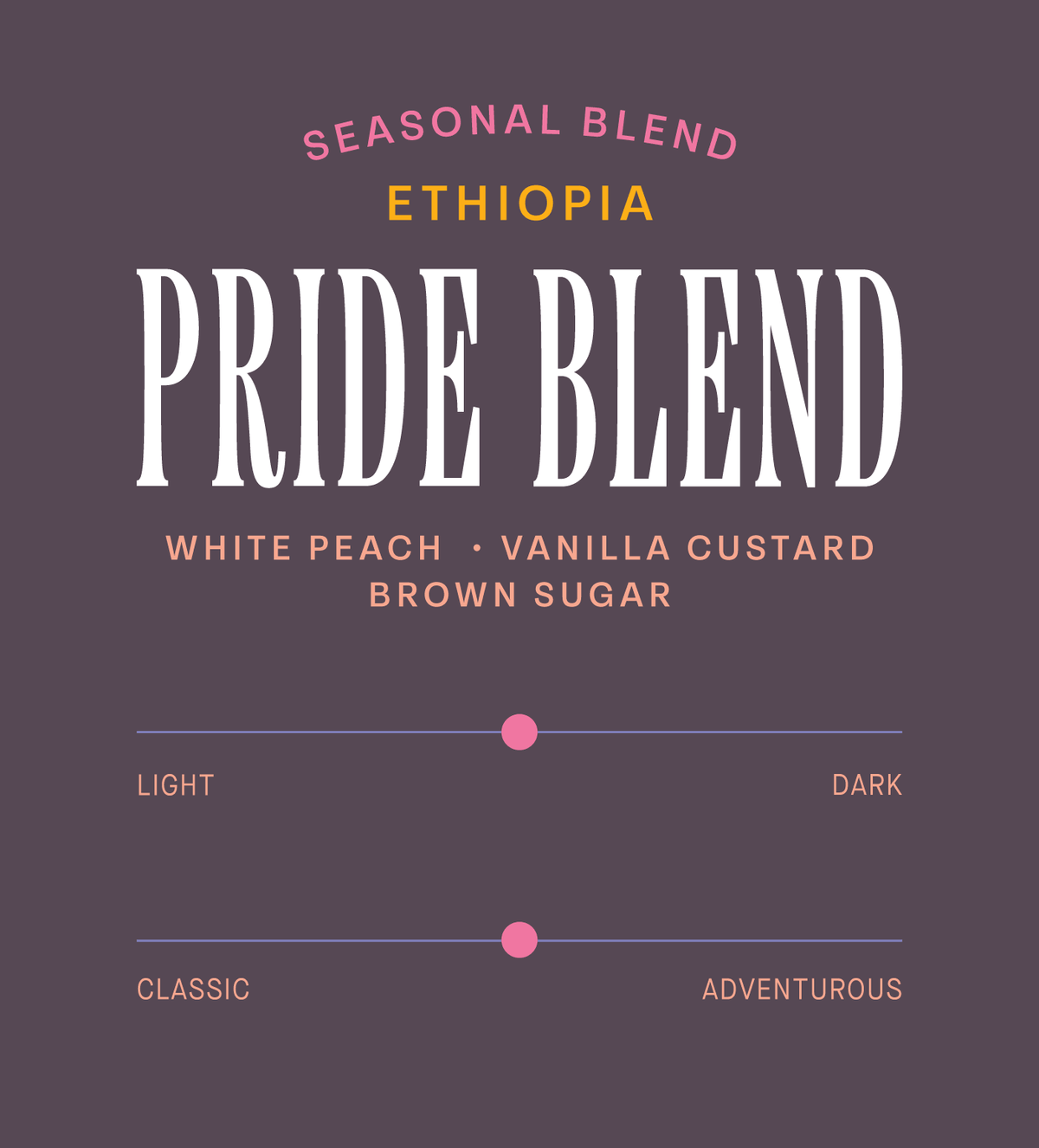 Verve Coffee Roasters - Pride Blend - Scent Profile - Seasonal Blend - Ethiopia - Tasting Notes: White Peach, Vanilla Custard, Brown Sugar - Medium + Classic