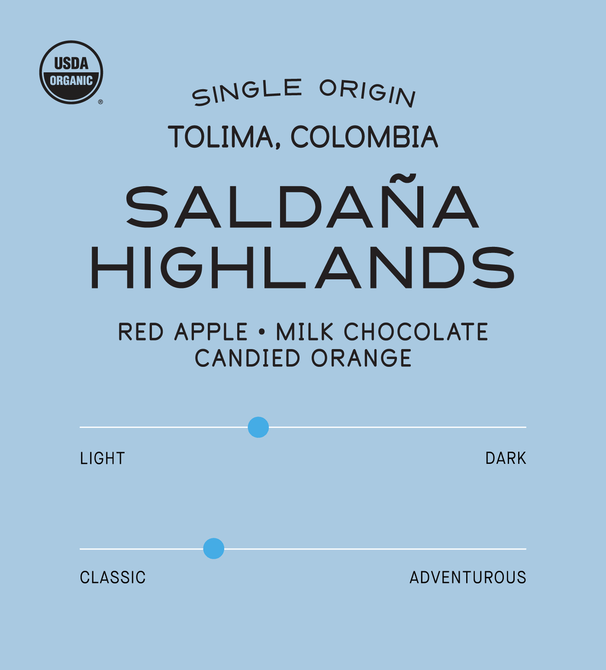Verve Coffee Roasters - Saldana Highlands - Scent Profile - Single Origin - USDA Organic - Tolima, Colombia - Tasting Notes: Red Apple, Milk Chocolate, Candied Orange - Light + Classic