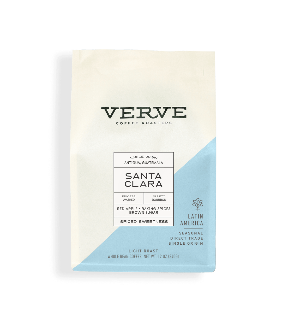 Verve Coffee Roasters - Santa Clara - 12oz - Single Origin - Antigua, Guatemala - Process: Washed - Variety: Bourbon - Tasting Notes: Red Apple, Baking Spices, Brown Sugar - Spiced Sweetness - Latin America - Seasonal - Direct Trade - Light Roast - Whole Bean Coffee
