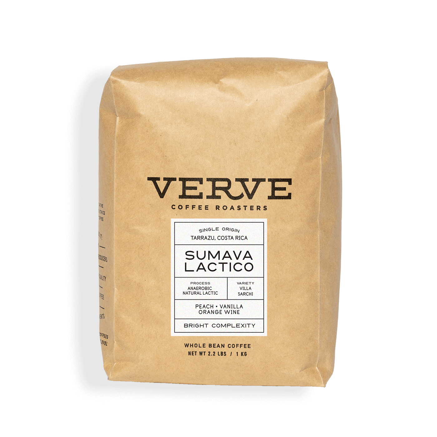 Verve Coffee Roasters - Sumava Lactico - Single Origin - Tarrazu, Costa Rica - Process: Anaerobic Natural Lactic - Variety: Villa Sarchi - Tasting Notes: Peach, Vanilla, Orange Wine - Bright Complexity - Whole Bean Coffee - 2.2 lbs / 1 kg