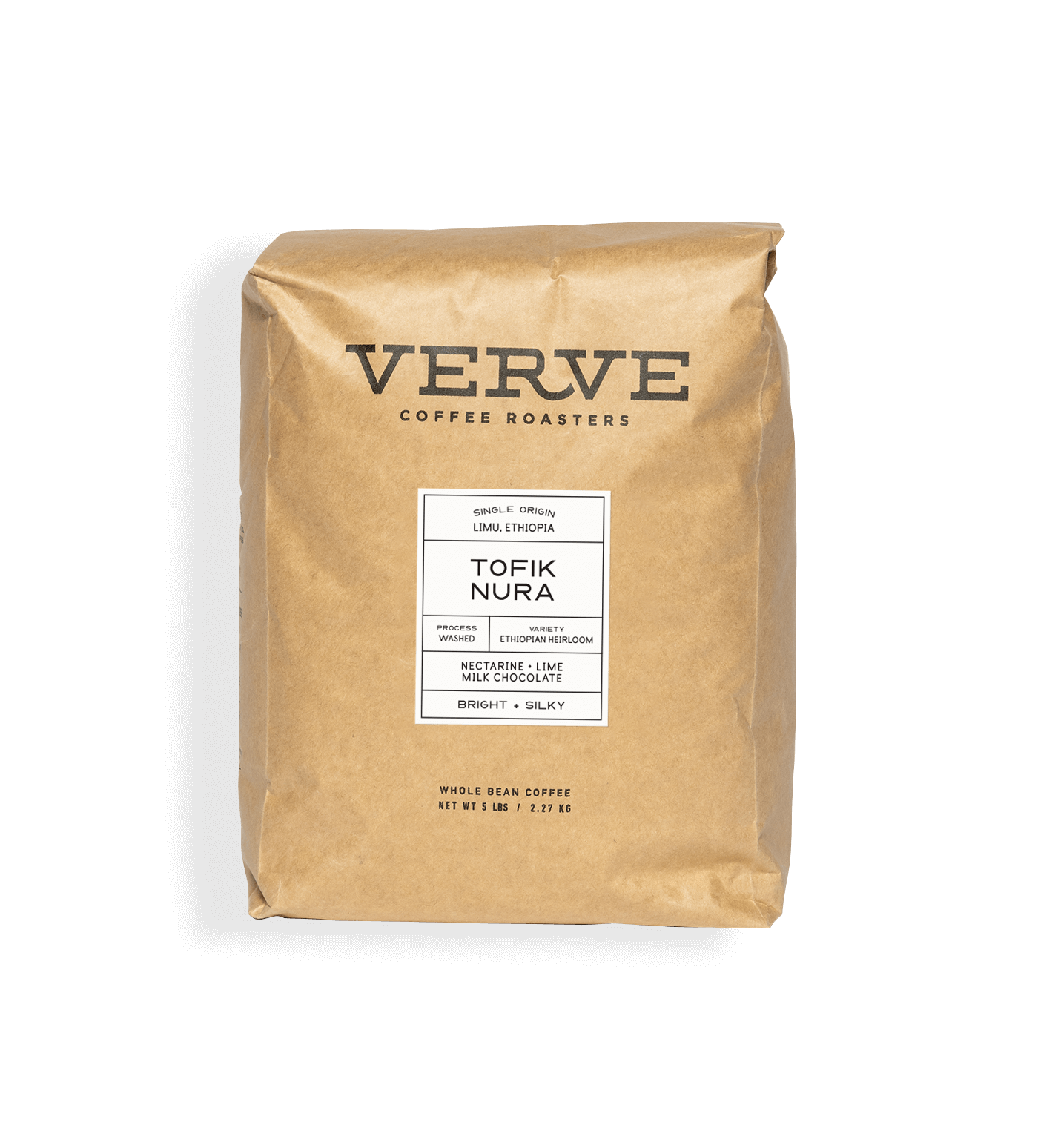 Verve Coffee Roasters - Tofik Nura - 5lb - Single Origin -  Limu, Ethiopia - Process: Washed - Variety: Ethiopian Heirloom - Tasting Notes: Nectarine, Lime, Milk Chocolate - Bright + Silky - Whole Bean Coffee - 5 lbs / 2.27 kg